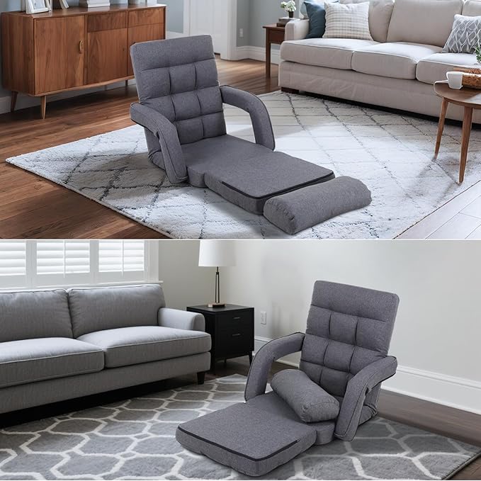 Adjustable Floor Chair for Adults with Back Suppor,5-Position Folding Lazy Sofa with Pillow, Gaming & Meditation Chair with Breathable Fabric - for Living Room, Bedroom, Office,Balcony (Grey)