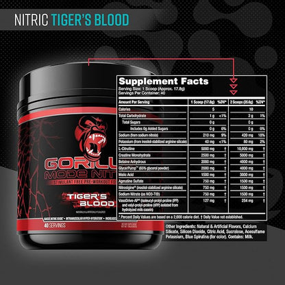 Gorilla Mind - Gorilla Mode Nitric Upgraded Stimulant Free Pre-Workout – Best Tasting and Most Effective Stimulant Free Pre-Workout/Massive Pumps · Vasodilation · Power / 784 Grams (Tigers Blood)