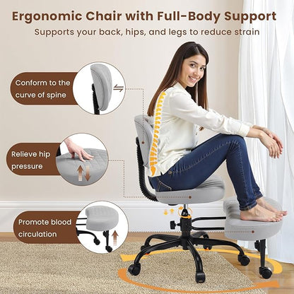 Cross Legged Office Chair with Wheels, Wide Criss Cross Kneeling Home Office Desk Chairs with Back Support, Ergonomic Adjustable Height ADHD Stool with Rotating Footrest for Yoga Meditation