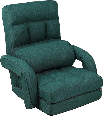 FLOGUOR 14-Position Adjustable Floor Chair, Chaise Lounge Indoor, Folding Lazy Sofa with Armrests and a Pillow Padded Adults Gaming Chairs for Living Room, Bedroom Factory Price (Green) 8803GN