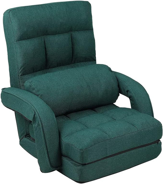FLOGUOR 14-Position Adjustable Floor Chair, Chaise Lounge Indoor, Folding Lazy Sofa with Armrests and a Pillow Padded Adults Gaming Chairs for Living Room, Bedroom Factory Price (Green) 8803GN