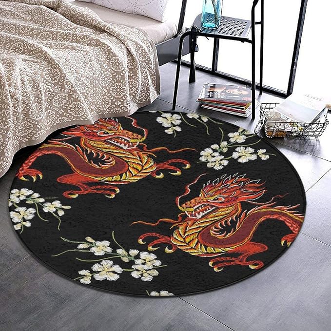 Soft Round Yoga Carpet, Large Home Decor Mat, Non-Slip Machine Washable Kitchen Office Circle Rug Compatible with Floral Chinese Japanese Dragon Flower