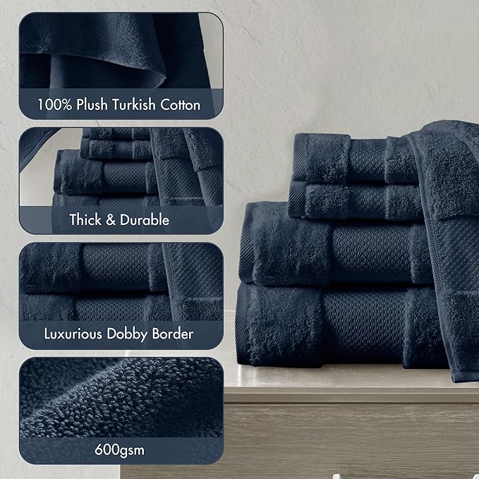 Madison Park Turkish 100% Cotton Towel Set, 600Gsm Luxury Premium Weight, Soft Absorbent Hotel Bathroom Shower Hand Face Washcloths, Assorted Sizes Navy 6 Piece