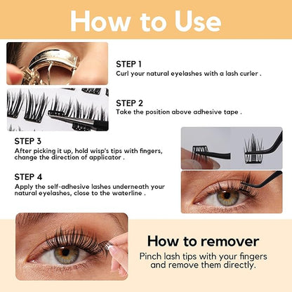 Self Adhesive Lash Clusters Kit, 10-14mm Self Adhesive Eyelashes Kit, DIY Eyelash Extensions, Natural Look Lashes No Glue Needed(R9-04)