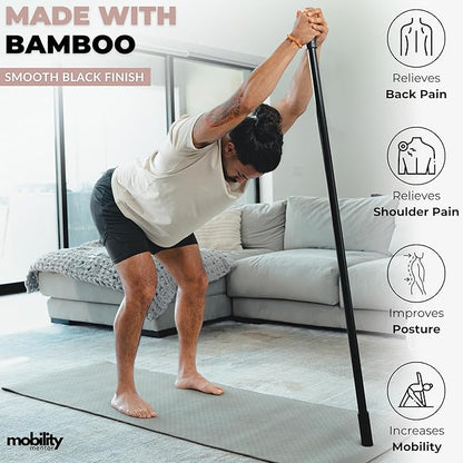 Yoga Stick Made from Natural Bamboo - 5ft Stretching Stick for All Fitness Levels - Stretch Stick with Non-Slip Handles for Mobility, Balance & Physical Therapy - Access 20+ Online Video & PDF Guides