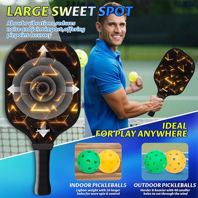Pickleball Paddles Set of 2, Fiberglass Pickle Ball Rackets, Lightweight Paddle Set Includes 4 Outdoor Indoor Balls, 2 Grip Tapes & Carry Bag, Oversized Sweet Spot for Men, Women, Adult, Teenager