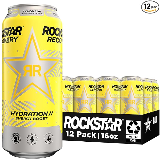 Rockstar Energy Drink with Caffeine Taurine and Electrolytes, Recovery Lemonade, 16oz (12 Pack) (Packaging May Vary)