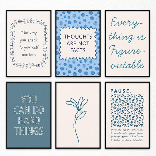 6pcs Mental Health Canvas Wall Art, You Can Do Hard Things Positive Affirmation Poster, Everything Is Figureoutable Mindfulness Print, Pause and Relax Therapy Office Wall Decor 16x24in Framed