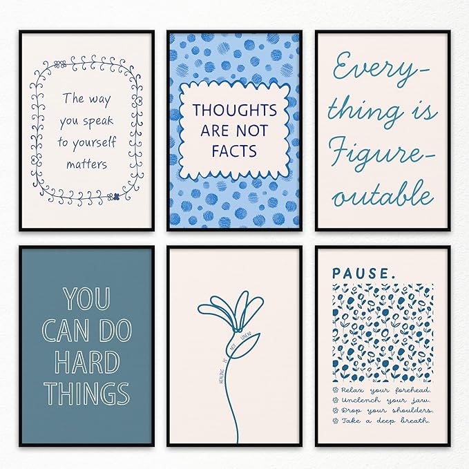 6pcs Mental Health Canvas Wall Art, You Can Do Hard Things Positive Affirmation Poster, Everything Is Figureoutable Mindfulness Print, Pause and Relax Therapy Office Wall Decor 12x16in Framed