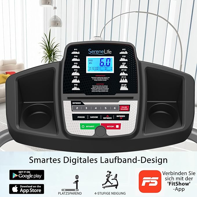 SereneLife Electric Folding Treadmill Exercise Machine - Smart Compact Digital Fitness Treadmill Workout Trainer w/Bluetooth App Sync, Manual Incline Adjustment, for Walking, Running, Gym
