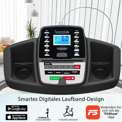 SereneLife Electric Folding Treadmill Exercise Machine - Smart Compact Digital Fitness Treadmill Workout Trainer w/Bluetooth App Sync, Manual Incline Adjustment, for Walking, Running, Gym