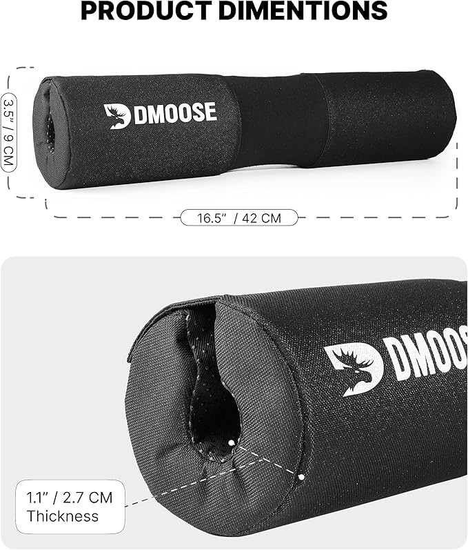 DMoose Fitness Barbell Pad for Hip Thrust, Squat & Lunges - Non-Slip Thick Foam Cushion for Neck and Back Support with Two Straps - Hip Thrust Pad for Leg Day - Fits All Olympic Bars and Smith Machine