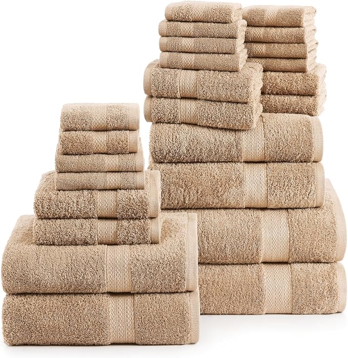 LANE LINEN 100% Cotton Towels Set for Bathroom - 24 Pc - Absorbent, Fast Drying, Machine Washable, Soft & Fluffy - 2 Bath Sheet, 4 Bath, 6 Hand Towel, 8 Washcloth, 4 Fingertip - Eco Friendly - Beige