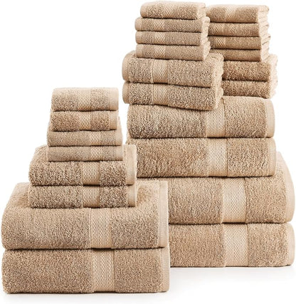 LANE LINEN 100% Cotton Towels Set for Bathroom - 24 Pc - Absorbent, Fast Drying, Machine Washable, Soft & Fluffy - 2 Bath Sheet, 4 Bath, 6 Hand Towel, 8 Washcloth, 4 Fingertip - Eco Friendly - Beige
