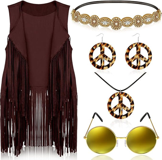 6 Pcs 60s 70s Outfits for Women Hippie Costume Set Peace Sign Earring Headband Fringe Vest Tassel Cardigan