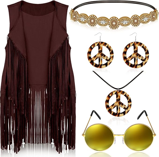 6 Pcs 60s 70s Outfits for Women Hippie Costume Set Peace Sign Earring Headband Fringe Vest Tassel Cardigan