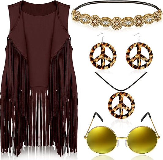 6 Pcs 60s 70s Outfits for Women Hippie Costume Set Peace Sign Earring Headband Fringe Vest Tassel Cardigan