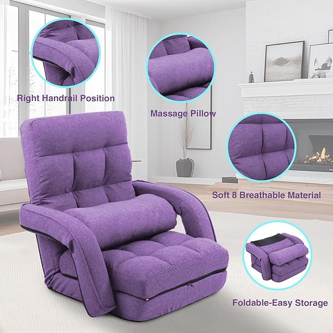 Adjustable Floor Chair for Adults with Back Suppor,5-Position Folding Lazy Sofa with Pillow, Gaming & Meditation Chair with Breathable Fabric - for Living Room, Bedroom, Office,Balcony (Purple)