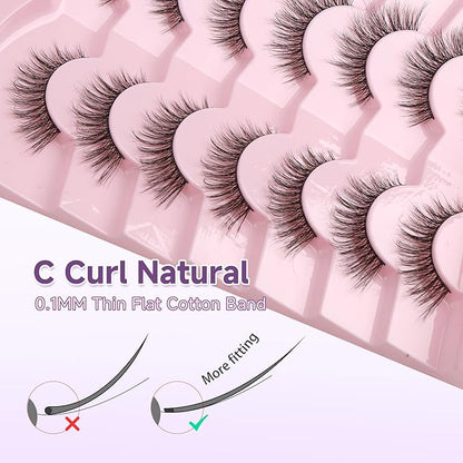 Cat Eye Lashes Natural Eyelashes 16MM False Eyelashes Wispy with Thin Band 3D Volume False Lashes Soft Lash Strips C Curl Fake Lash 7 Pair EVENTILL