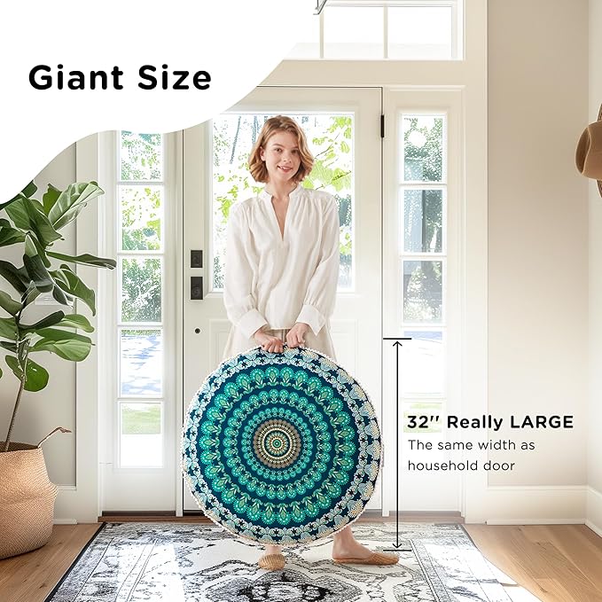 Codi Meditation Floor Pillow Set of 2, Round Large Pillows Seating for Adults, Bohemian Mandala Circle Cushions for Outdoor Fireplace Yoga Living Room, 32 Inch, Memory Foam Added, Green