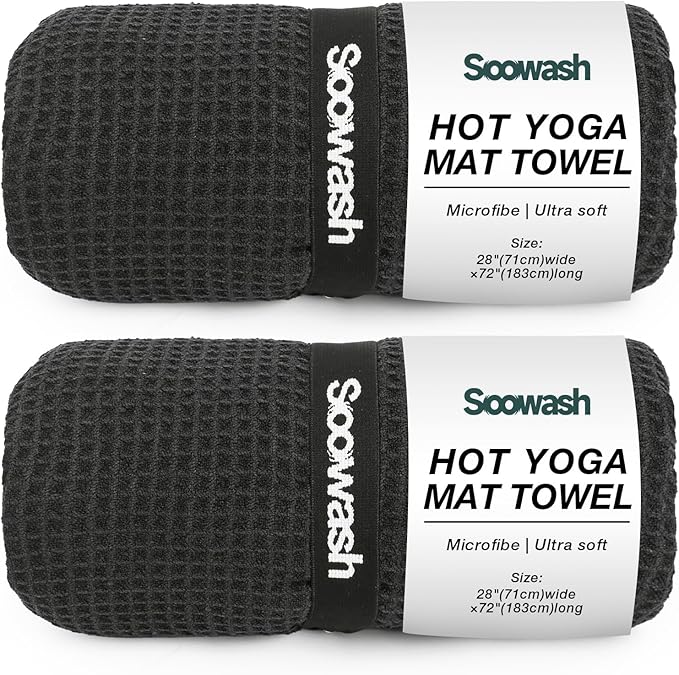 2 Pack Hot Yoga Towel Yoga Mat Towels Non Slip for Hot Yoga Stickyfiber Microfiber Quick Dry Soft Absorbent with Corner Pockets Cover Bikram Pilates Exercise Fitness 28" X 72"Black
