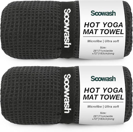 2 Pack Hot Yoga Towel Yoga Mat Towels Non Slip for Hot Yoga Stickyfiber Microfiber Quick Dry Soft Absorbent with Corner Pockets Cover Bikram Pilates Exercise Fitness 28" X 72"Black
