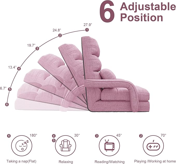 Adjustable Floor Gaming Chair for Adults, 6-Position Chaise Lounge Chair with Meditation Arm, Foldable Lazy Sofa with Pillow, Comfy Chair Indoor for Bedroom Dorm Living Room, Purple