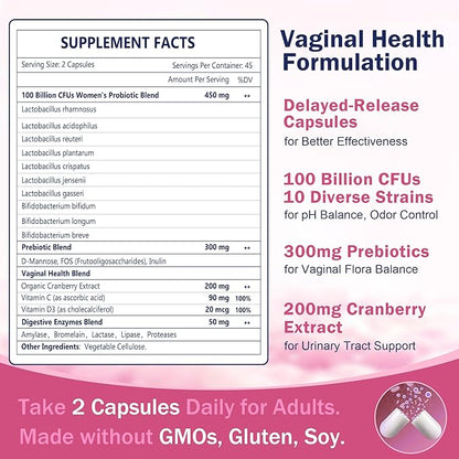 NATURE TARGET Vaginal Womens Probiotics, 100 Billion CFUs Probiotics & Prebiotics with Digestive Enzymes, Cranberry & D-Mannose - Supports pH Balance, Odor & Urinary Tract Health - 90 Capsules