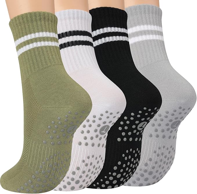 Toes Home Pilates Socks for Women with Non Slip Grippers, Yoga Crew Socks for Barre Hospital Sticky Slipper Socks 4 Pairs