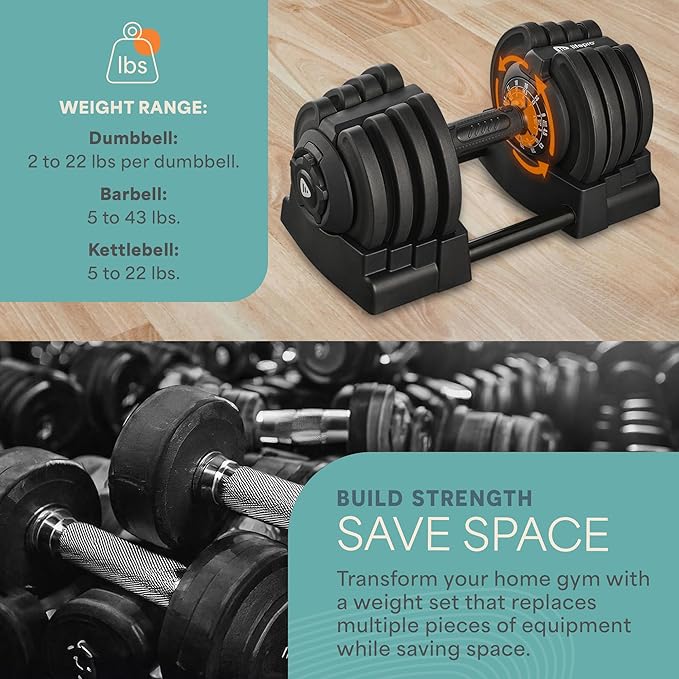 Lifepro Adjustable Dumbbells Set - 5in1-15lb 25lb 43lb 55lb weights Set & Single with Rack - Quick Adjust, Secure Grip - Compact Hand Weights for Men Women Home Gym