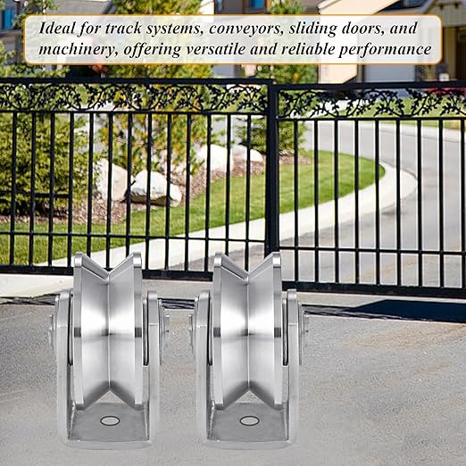 2pcs V Groove Wheel Stainless Steel Heavy Duty Wire Rope Pulley Block Sliding Gate Rollers Double Bearing Plate Caster Solid Track Rollers Wheels Fence Gate Wheel