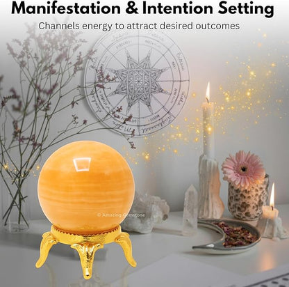 Amazing Gemstone Yellow Calcite Crystal Ball with Stand - 2 Inches Crystal Sphere Meditation Balls for Witchcraft and Decorative Balls