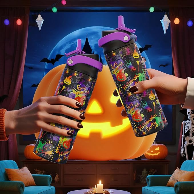 Halloween Gothic Water Bottle with Straw, Stainless Steel Insulated Water Bottle,Leak Proof, One-Touch Flip Lid, BPA Free, Holiday Gifts For Women Men, 32oz, Ghost Party