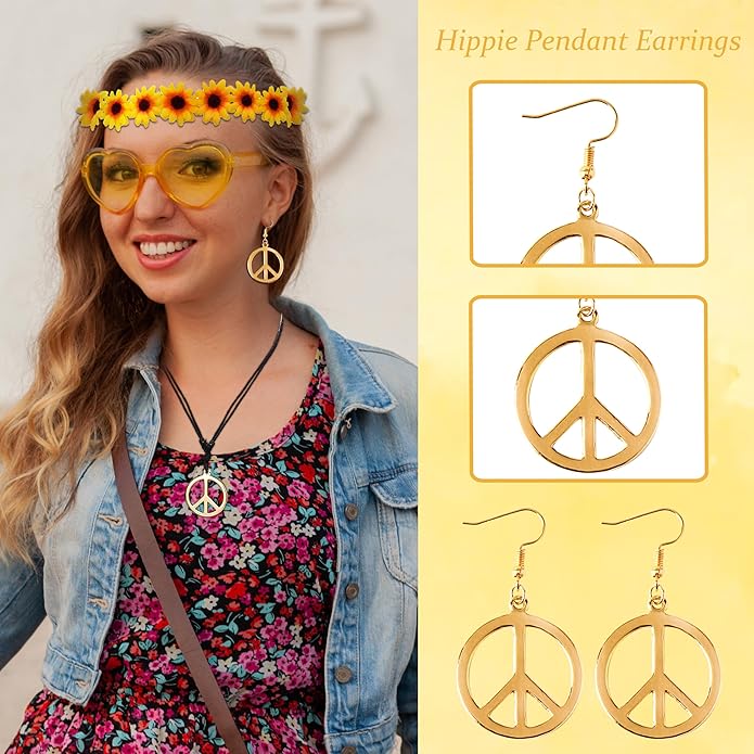 choice of all Peace Sign Necklace Earrings Sunflower Headband Set for Women 60s 70s Outfits Hip Hop Hippie Jewelry Halloween Costume Accessories