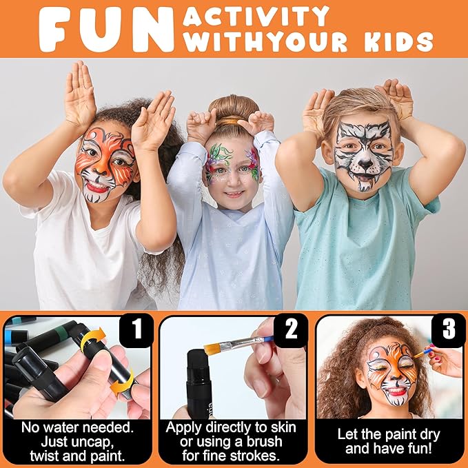 Jim&Gloria Water Based Face Paint Sticks Bulk 32 Professional Face Painting Kit for Kids Party, Metallic, Neon, Classic Facepaint Crayons, Washable Body Paint Adults Cosplay, Clown, Halloween Makeup