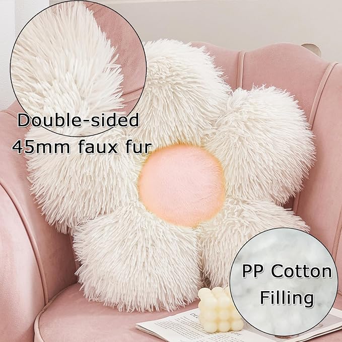 MorroMorn Flower Pillow Shaped Throw Pillows, 20" Floor Pillow Butt Cushion - Fluffy Shaggy Daisy Floral Decorative Pillows for Bed Couch Sofa Chair Cute Plush Faux Fur Room Decor (White & Pink)