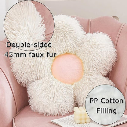 MorroMorn Flower Pillow Shaped Throw Pillows, 20" Floor Pillow Butt Cushion - Fluffy Shaggy Daisy Floral Decorative Pillows for Bed Couch Sofa Chair Cute Plush Faux Fur Room Decor (White & Pink)