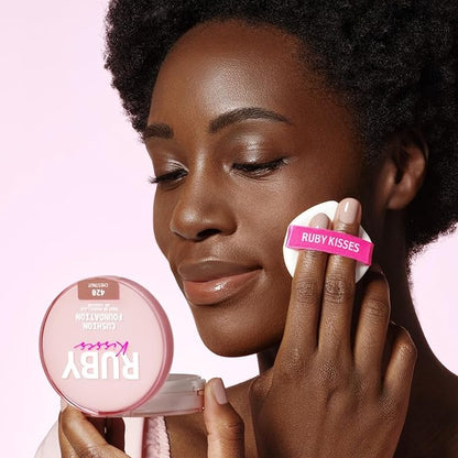 Ruby Kisses Cushion Foundation, Full Coverage Korean Makeup, Lightweight & Long Lasting, All Day Natural Glowy Finish for All Skin Types with Hyaluronic Acid & Bakuchiol (Cool Toffee, 0.52 Ounce)
