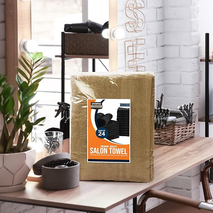 Utopia Towels Cotton Bleach Proof Salon Towel 16 by 27 inches, Bleach Safe Gym 100% Cotton Hand Towel, 24 Pack, Camel