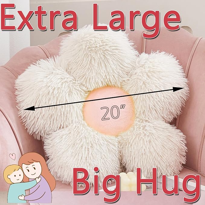 MorroMorn Flower Pillow Shaped Throw Pillows, 20" Floor Pillow Butt Cushion - Fluffy Shaggy Daisy Floral Decorative Pillows for Bed Couch Sofa Chair Cute Plush Faux Fur Room Decor (White & Pink)