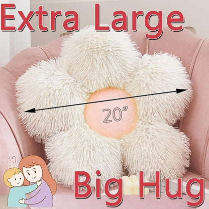 MorroMorn Flower Pillow Shaped Throw Pillows, 20" Floor Pillow Butt Cushion - Fluffy Shaggy Daisy Floral Decorative Pillows for Bed Couch Sofa Chair Cute Plush Faux Fur Room Decor (White & Pink)