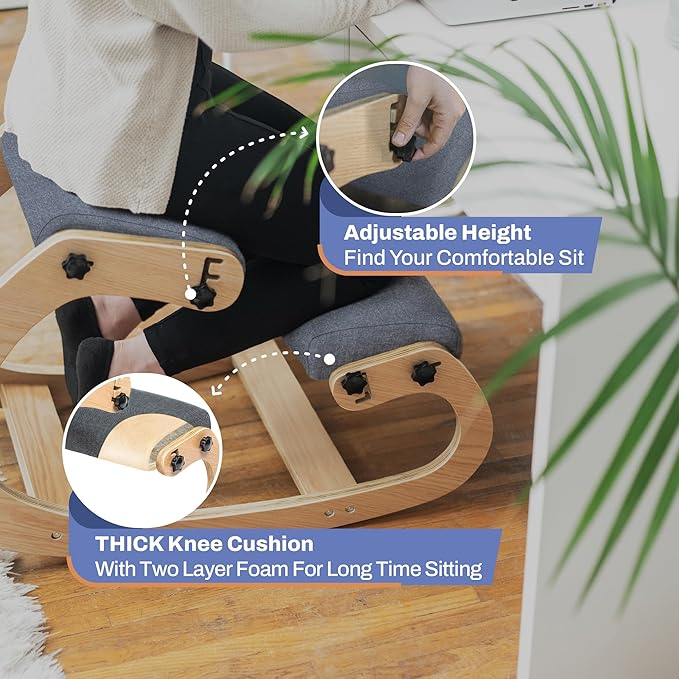 Ergonomic Kneeling Chair with Adjustable Seats - Knee Chair for Posture Correction & Kneel Rocking Stool for Desk - Back Pain Relief and Support for Home and Office - 5 Years Brand Warranty
