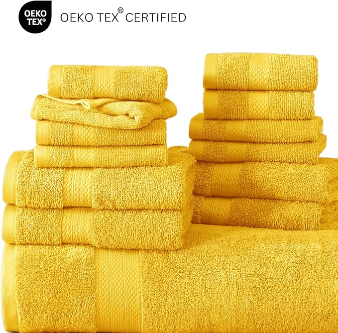 LANE LINEN 100% Cotton Bathroom Towel Set - 24 Pc - Ringspun, Quick Dry, Soft & Highly Absorbent - 2 Bath Sheet, 4 Bath, 6 Hand Towel, 8 Washcloth, 4 Fingertip - Remains Fluffy After Washing - Mimosa