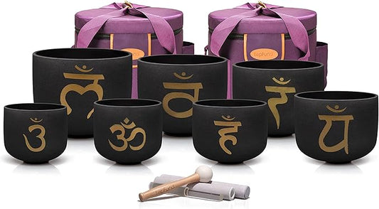TOPFUND 6-12 inch Chakra Set of 7 Golden Sanskrit Black Crystal Singing Bowls with Carrying Cases and Mall