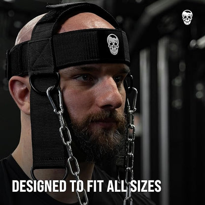 Gymreapers Neck Harness Weight Lifting - Neck Trainer Workout Equipment - Heavy Duty Stainless Steel Chain, Adjustable Neoprene Head Strap, Exercise Equipment for Strength & Pain Relief