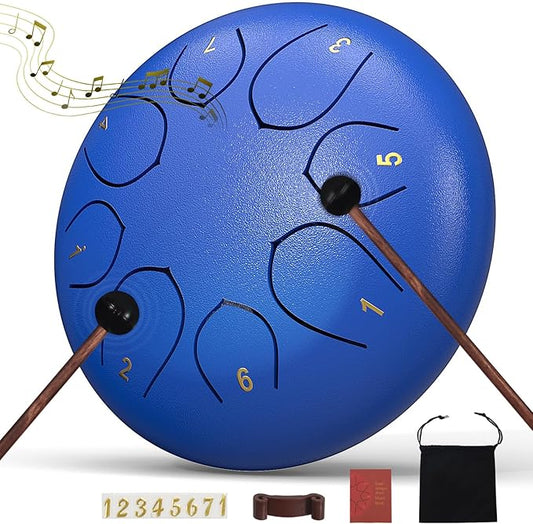 Rain Drum for Outside Garden, 6 Inches 8 Notes Steel Tongue Chakra Drums, Waterproof Meditation Echo Rain Chime, Musical Instruments for Adult Gift with Bag, Music Book (Dark Blue)