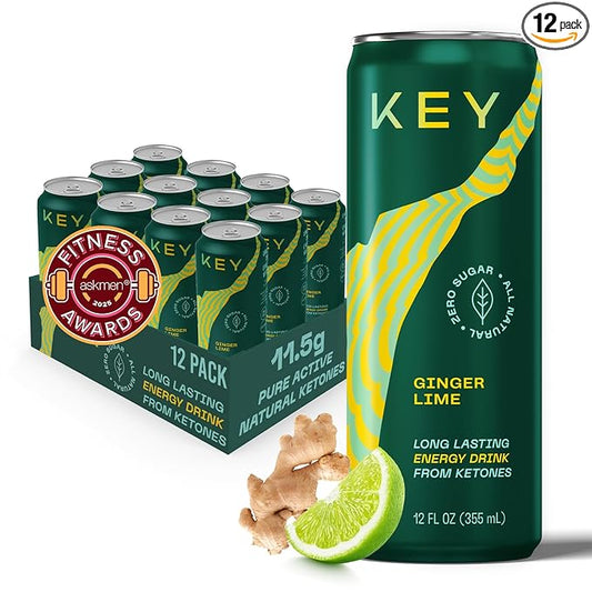 KEY Ketone Energy Drink - Sugar Free, 80mg Low Caffeine, All Natural, 11.5g Ketones, Long Lasting Energy, Green Tea & L-Theanine for Mental Focus, Ginger Lime (Pack of 12)