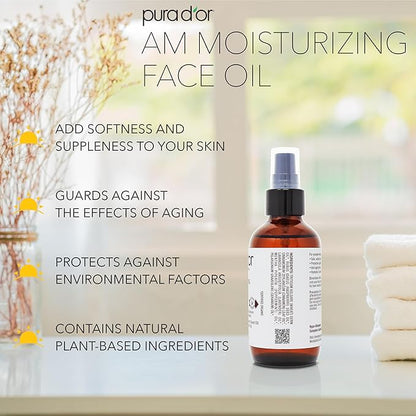 PURA D'OR 3.3 Oz ORGANIC AM Moisturizing Face Oil - Morning Glow Hydrating Skincare -Lightweight Moisturizer for Glowing Skin - All Natural, Vegan, Paraben-Free - Women & Men