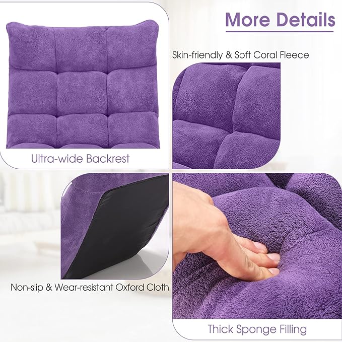 Giantex Floor Chair with Back Support, 14 Adjustable Position, Padded Sleeper Bed, Couch Recliner, Folding Gaming Floor Chairs for Adults, Living Room, Bedroom, Yoga, Meditation, Purple