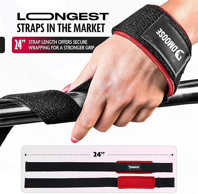 DMoose Fitness Lifting Straps 24" (Pair) - 5mm Padded Durable Wrist Straps for Weightlifting & Powerlifting - Cotton Lifting Strap with Silicone Grip for Men & Women - Deadlift Strap for Gym Workout